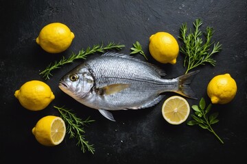 Fresh raw dorado fish with herbs and lemons on dark background