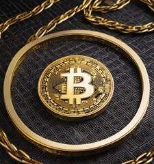 A single golden bitcoin medallion rests elegantly on a patterned background, surrounded by golden chain links, representing wealth and digital currency. AI generation