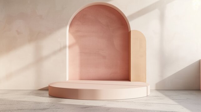 Minimalistic arched display podium in terracotta in a bright space