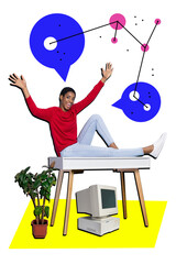 Vertical composite collage picture of positive person sit office desk plant computer dialogue...