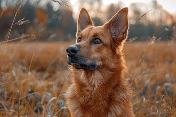 Naklejka premium Close-up of an attentive brown dog in a field with a warm, golden sunset light enveloping the tranquil scene