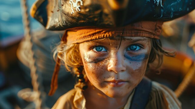 Child dressed as a pirate face painted with a fierce expression capturing the spirit of adventure and the allure of the high seas