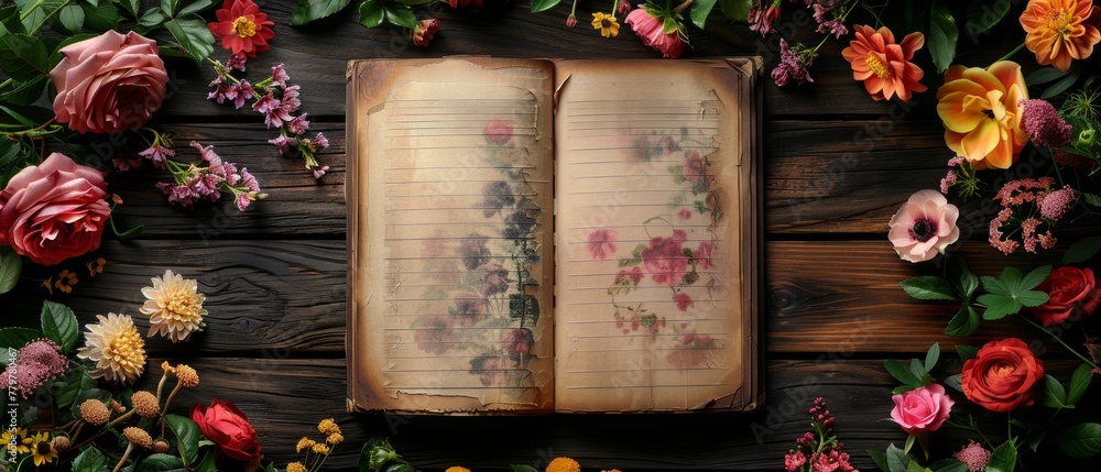 Poster wooden background with floral frame consisting of roses and orchid flowers, with an empty notebook w