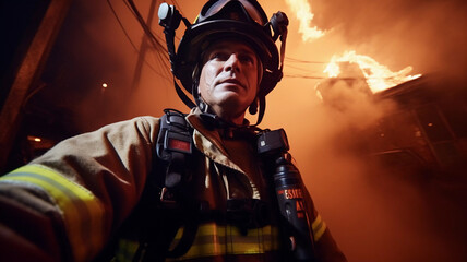 Portrait of a firefighter wearing helmet and suit, profession fireman for rescue