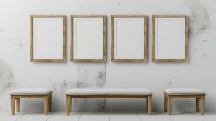 A white wall with four wooden framed pictures and three wooden benches