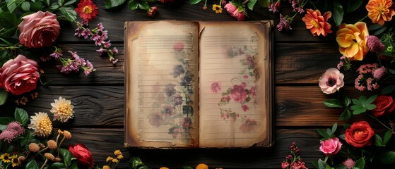 Wooden background with floral frame consisting of roses and orchid flowers, with an empty notebook with text space. Top view.