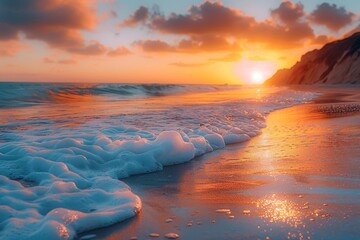 Golden sunset sky kisses the frothy waves of the sea on a beautiful sandy beach, creating a serene yet dynamic landscape - obrazy, fototapety, plakaty