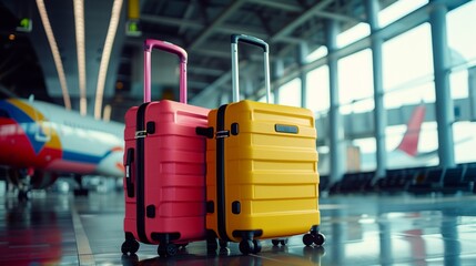 Bright colored luggage at airport with planes in background