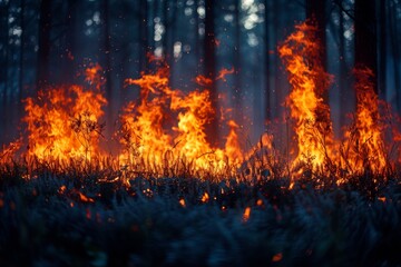 A destructive wildfire engulfs the forest at dusk, highlighting the dangerous beauty of nature's fury
