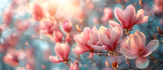 An image of pink magnolia flowers on a sunny spring background.