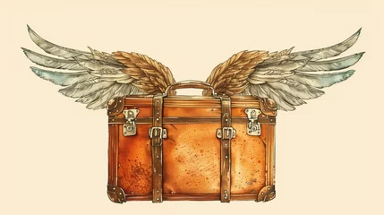 Fotobehang Vintage suitcase with realistic wings, implying a magical journey. © Natalia