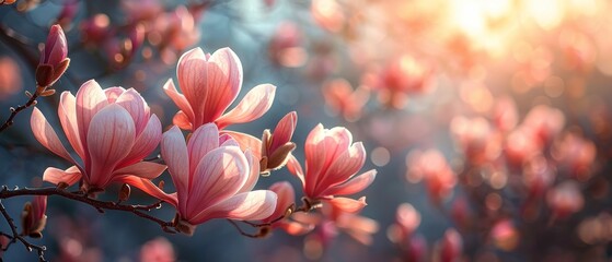 In the springtime, a sunny day is accompanied by flowers of pink magnolias