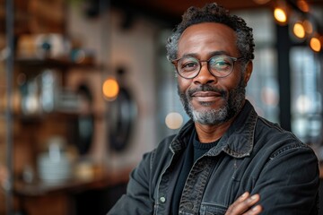 Obraz premium Portrait of a mature, stylish man in a denim jacket and glasses, smiling warmly inside a well-lit room