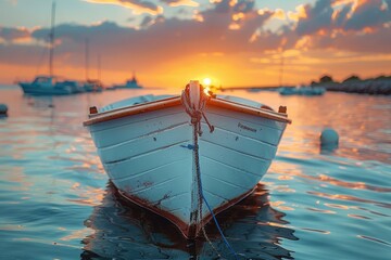 A serene scenic of a moored boat with the sun setting in the background, casting warm colors over the sea