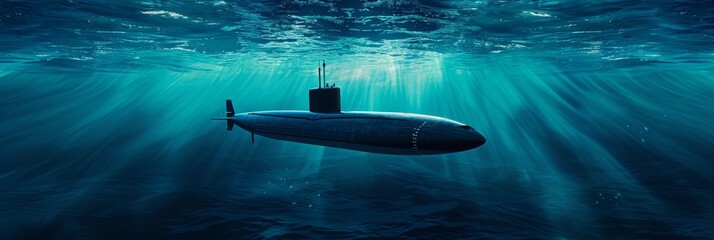 Generic military nuclear submarine floating in the middle of the ocean while shooting an undersea torpedo missile.