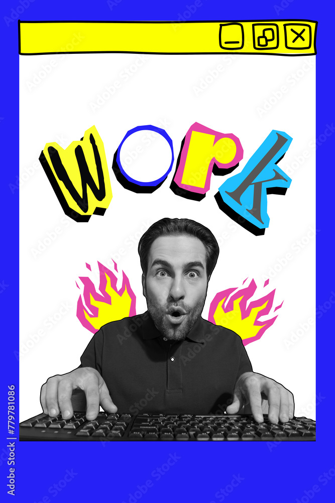 Poster vertical composite collage picture of impressed black white colors guy typing work keyboard isolated
