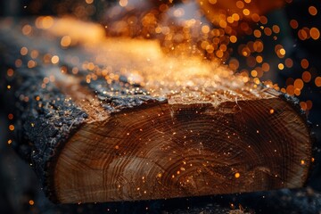 A close-up image of a wood log with dazzling sparks flying and glowing embers in a warm fiery scene