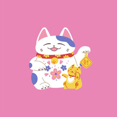 Vector illustration of Maneki-neko: Japanese cat with kitten.