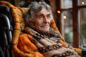 Fototapeta premium Portrait of an happy old man sitting in a chair wearing warm clothes.