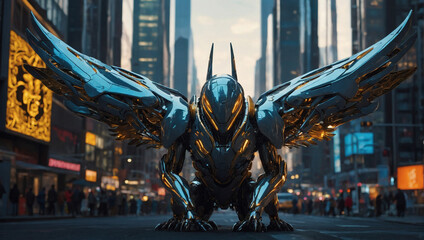 In the heart of a bustling cityscape, a sleek and stylish creature with metallic wings and glowing circuit patterns adorns the scene like a futuristic superhero. - obrazy, fototapety, plakaty