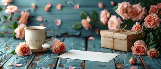 Greeting text on pink roses printed on blank paper, shabby wooden planks backdrop with coffee cup. Copy space. Flat design. - Powered by Adobe