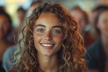 Engaging portrait of a curly-haired young woman smiling with a crowd in soft focus behind her