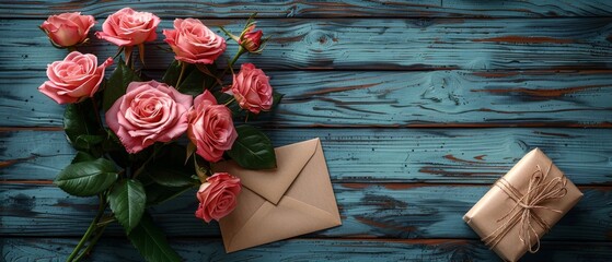 An envelope holding pink roses, a card with greeting text, and a gift box set on a background made of shabby wooden planks. A top view taken from the front. - obrazy, fototapety, plakaty