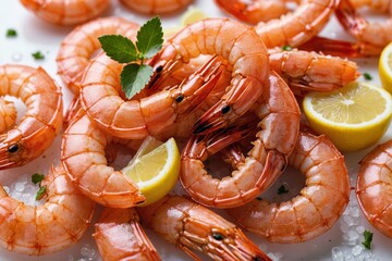 Tasty seafood of cooked red shrimps with fresh lemon slices and coarse salt on white background