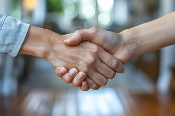 Close-up shot of a firm handshake between two people, symbolizing trust and agreement in a professional setting