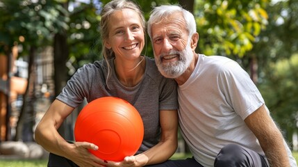 Portrait of a senior man and young woman holding a ball outdoors, relaxing after exercising.
