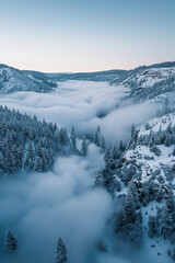 Aerial photo of a foggy valley in Washington in winter
