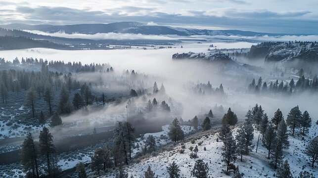 Aerial photo of a foggy valley in Washington in winter