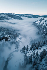 Drone photo of a foggy valley in Oregon in winter
