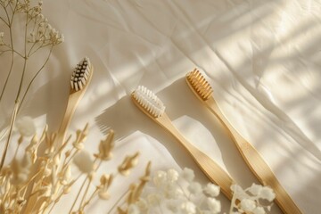 Ecofriendly bamboo toothbrushes on bed of white flowers and dried grasses in natural composition