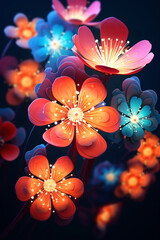 Cartoon 3D, flowers blooming in impossible shapes, fisheye lens, neon night