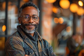 Confident smiling middle-aged man with stylish glasses posing indoors with soft bokeh background