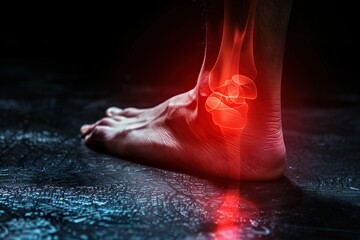 Barefoot walking on dark wooden floor. Bare foots with red effect of pain. Painful gout inflammation. Tingling and burning sensation in foot. Sensory neuropathy problems. Healthcare and podiatry. Legs - obrazy, fototapety, plakaty