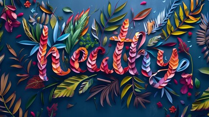 Stylized 'beauty' text with colorful paper art tropical leaves and flowers