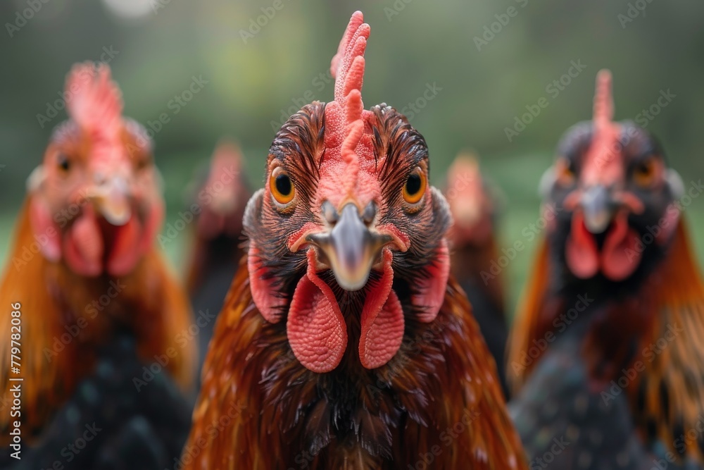 Poster the image captures a group of chickens with a focus on one with a striking red comb and intense gaze