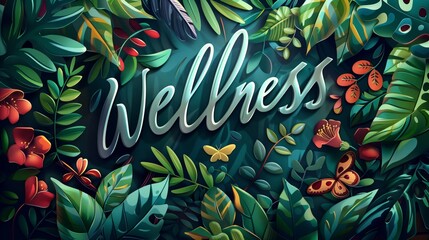 Lush tropical foliage around the word 'Wellness' in elegant script.