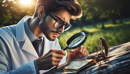 Scientist, Clad In A Lab Coat, Is Seen Examining A Specimen Closely Using A Magnifying Glass In A Natural Setting - obrazy, fototapety, plakaty