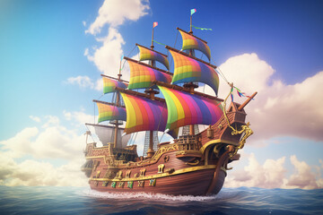 Fototapeta premium Fantasy 3D cartoon, fruits on a pirate ship, low angle, under a rainbow arch