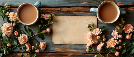 In this frame, you will find pink roses and white orchid flowers and an empty paper with a coffee cup on a wooden background. Top view. Flat design.