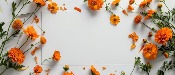 Orange flowers form a delightful frame around a central white space, perfect for custom content.