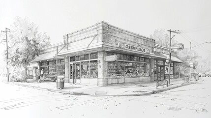 Charming sketch of a local small-town supermarket with personalized service and a community feel