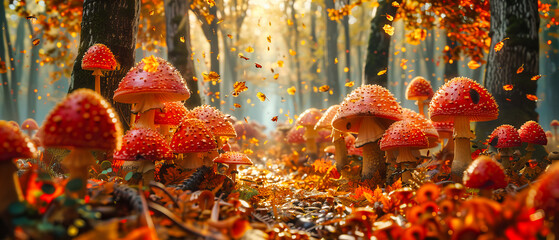 Autumnal Forest Rich in Mushrooms, a Vibrant Display of Fall Foliage Amidst the Quiet Whispers of Natures Bounty - obrazy, fototapety, plakaty
