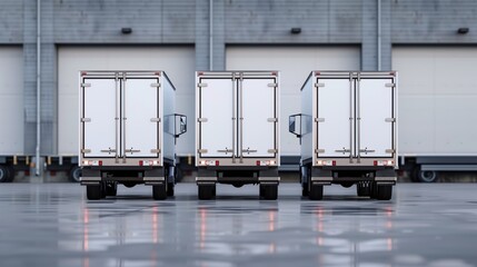 Three white trucks lined up at a warehouse loading dock, ready for cargo delivery.