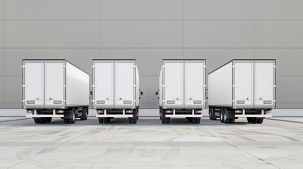 Identical white delivery trucks parked in a row facing a gray building