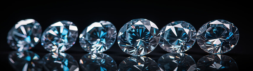 Luxurious Round Cut Diamonds Arrayed on Reflective Dark Surface - obrazy, fototapety, plakaty