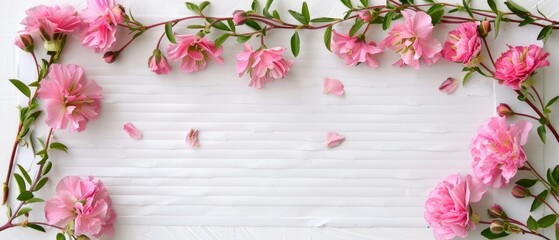Vivacious pink flowers and buds aligned along a striped white background, conveying a joyful and dynamic aesthetic.
